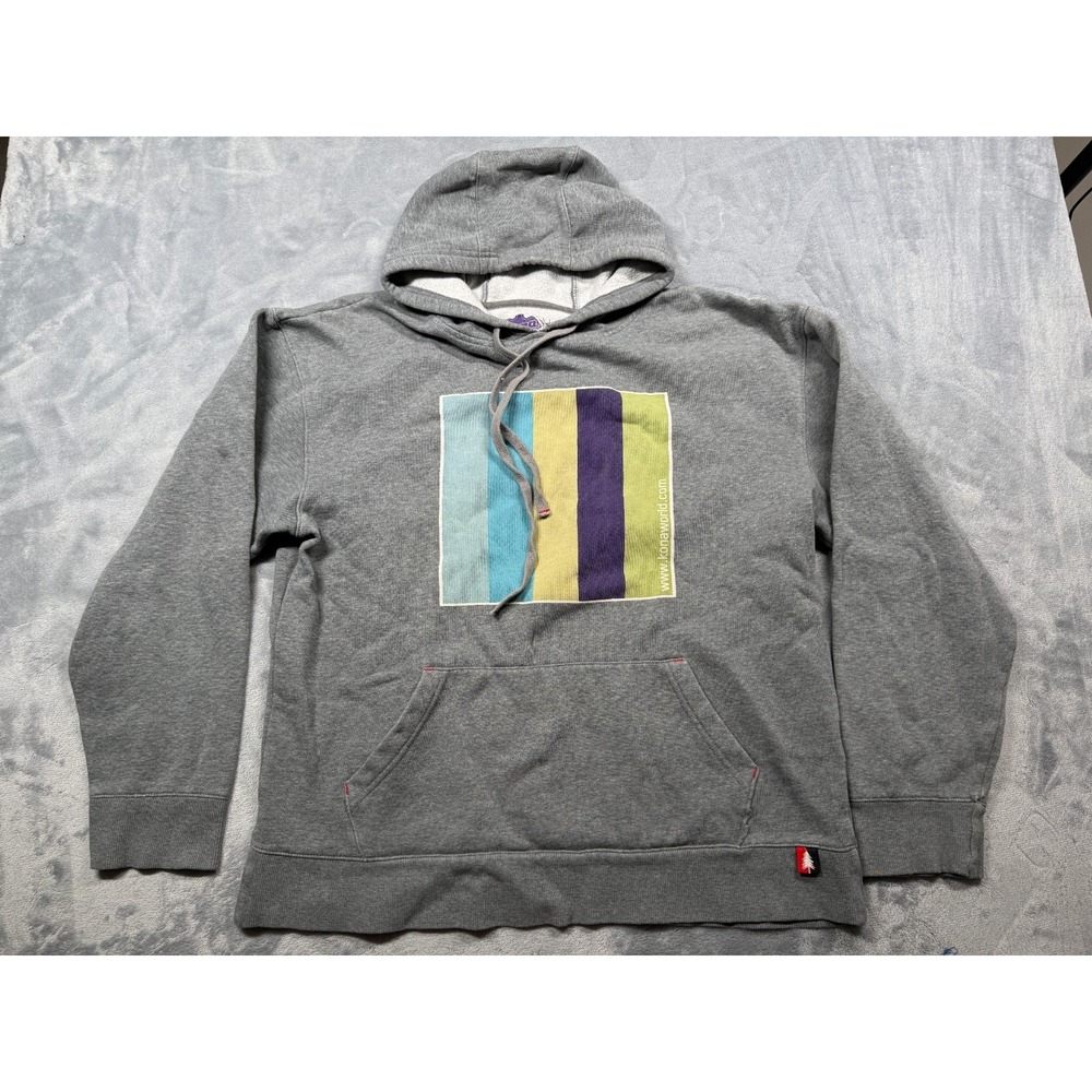 Kona Basics Hoodie Mens XL Heather Gray Box Stripe Graphic Fleece Lined Pullover